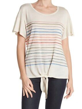 Democracy ✦ Striped Tie‑Front Tee ✦ Cream Multicolor Short Sleeve Casual M